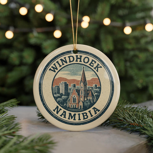 A circular ornament with a graphic of Namibia's Windhoek cityscape, featuring a church and mountains, is displayed against a blurred background of Christmas lights.