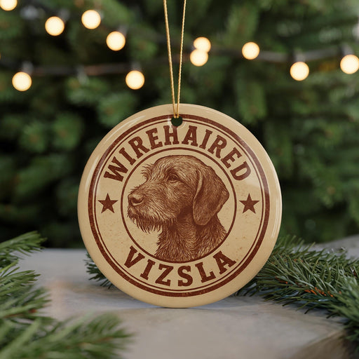 A circular ornament featuring a wirehaired vizSLA dog's head, with the text "WIREHAIRED VIZSLA" printed on it. The ornament is hanging from a string, and there are pine branches visible in the background.