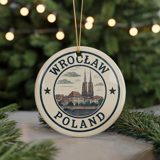 A circular ornament with the text "Wrocław Poland" and an illustration of a cityscape, hanging from a string.