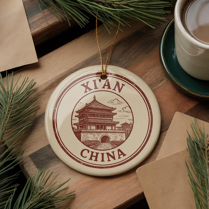 A decorative ornament with the text "XI'AN CHINA" and an illustration of a Chinese temple, placed on a wooden surface alongside a cup of coffee and some pine branches.