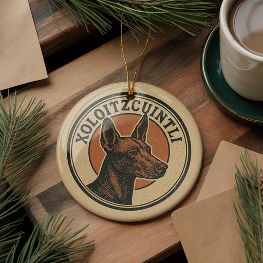 A circular ornament featuring a brown dog's head, with the text "XOLOITZCUNTIL" written around it, is displayed on a wooden surface alongside a cup of coffee and some pine branches.