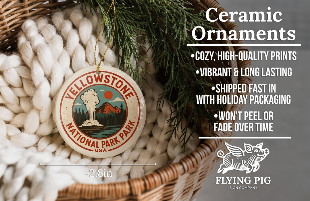 Ceramic ornaments, featuring a design of Yellowstone National Park, are displayed in a woven basket.