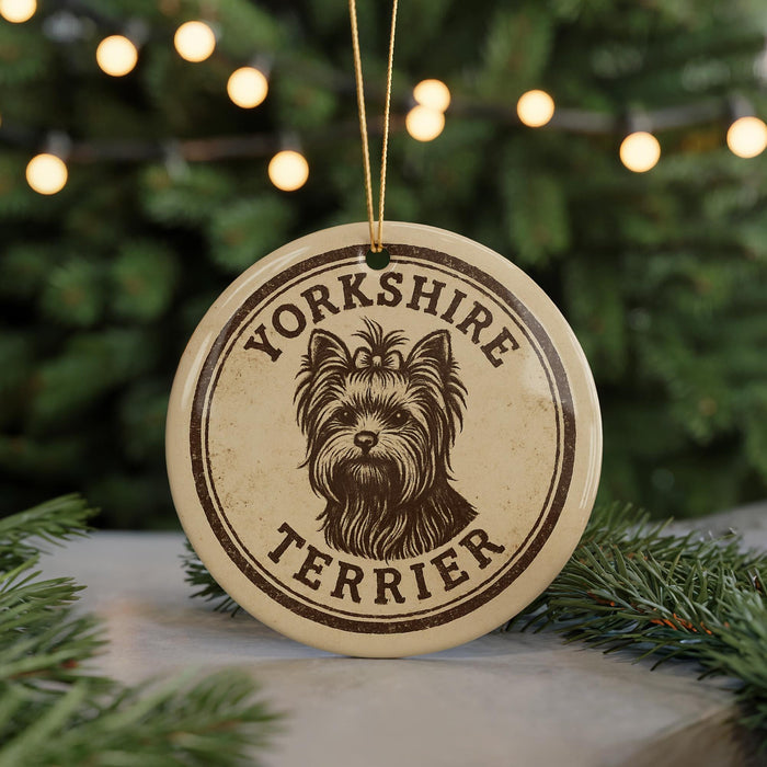 A circular ornament featuring a Yorkshire Terrier dog's head, with the text "YORKSHIRE TERRIER" printed on it, is displayed in front of a blurred Christmas tree.