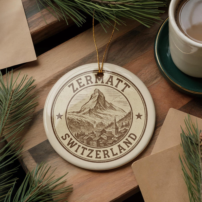 A decorative ornament with the text "ZERMATT SWITZERLAND" and a mountain illustration, placed on a wooden surface next to a cup of coffee and pine branches.