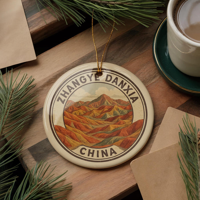 A decorative ornament with a mountain landscape and the text "Zhangye Dania" is displayed on a wooden surface, accompanied by a cup of coffee and pine branches.