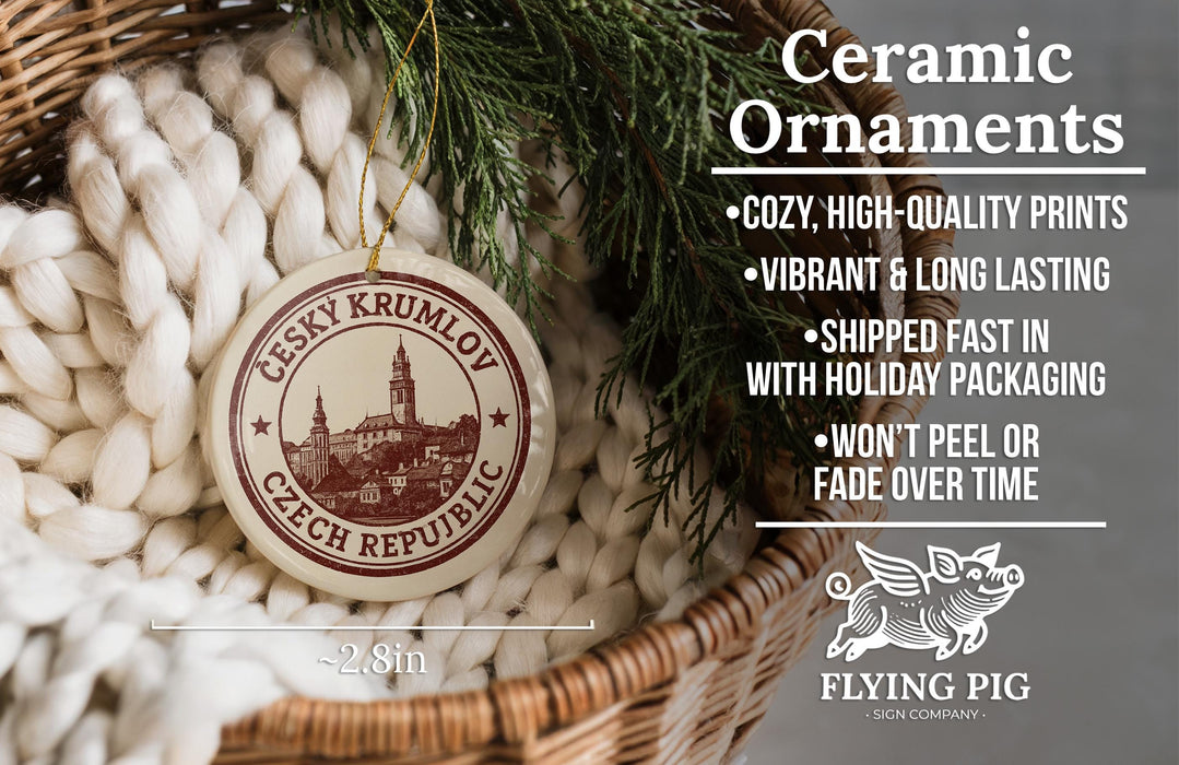 a ceramic ornament hanging from a wicker basket, with a description of the ornament and its features.