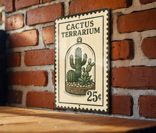 A metal sign with a cactus terrarium illustration and the price of 25 cents displayed on a brick wall.