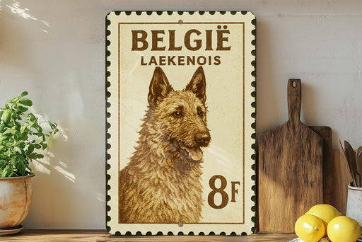 A metal sign with a picture of a dog, likely a Belgian Laekenois, is displayed on a shelf next to a wooden cutting board and some lemons.