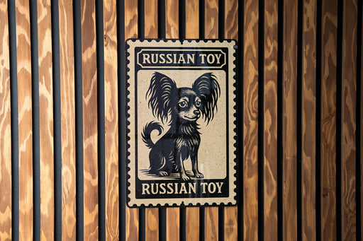 A metal sign with a black and white illustration of a dog, mounted on a wooden wall.