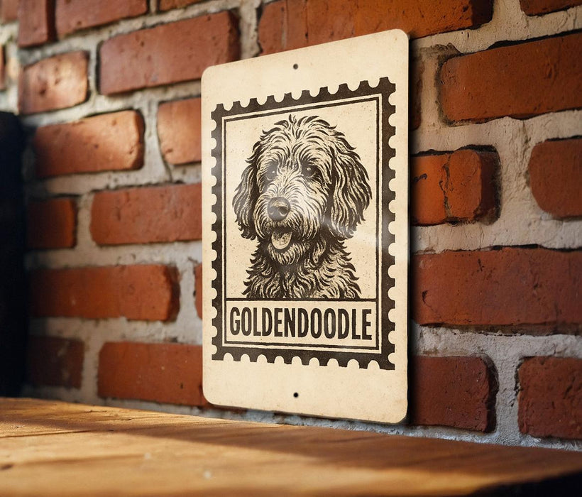 A sign featuring a black and white illustration of a golden retriever dog, with the word "GOLDENDoodle" written below it.