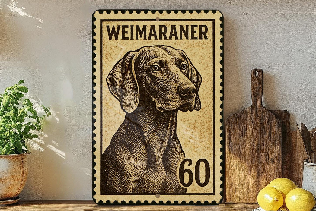 A Weimaraner dog stamp with the number 60 on it, placed on a shelf next to a wooden cutting board and some lemons.