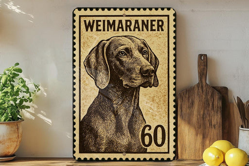 A Weimaraner dog stamp with the number 60 on it, placed on a shelf next to a wooden cutting board and some lemons.
