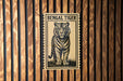 A poster of a tiger is displayed on a wooden wall.
