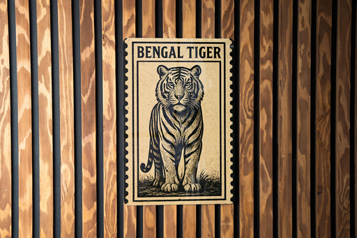 A poster of a tiger is displayed on a wooden wall.