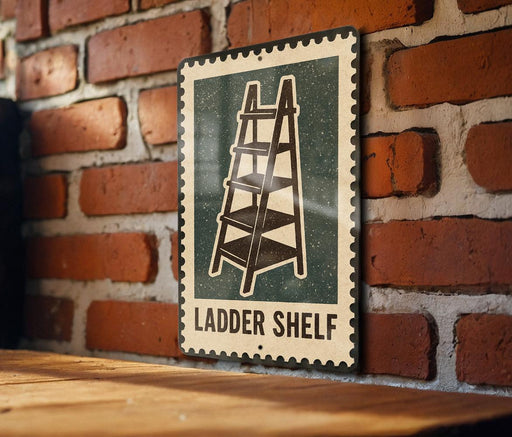 A metal sign with a ladder image is mounted on a brick wall, indicating a "Ladder Shelf" or a similar type of shelving unit.