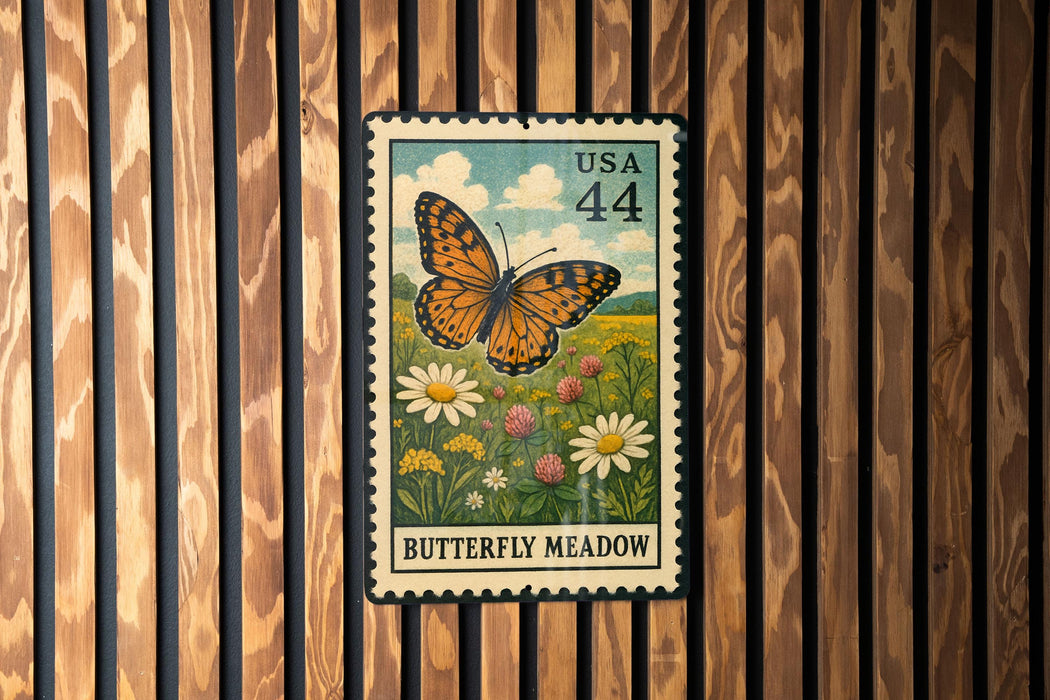 A vintage US postage stamp depicting a butterfly in a meadow, with the text "Butterfly Meadow" printed on it.