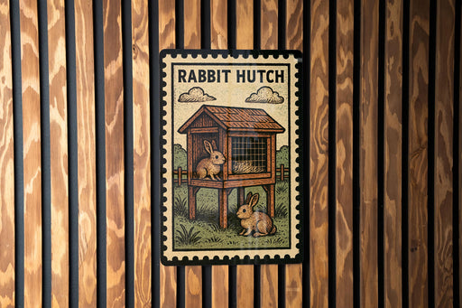 A wooden sign with a picture of a rabbit hutch and the text "RABBIT HUTCH" on it.