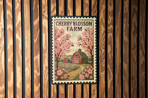 A sign for Cherry Blossom Farm, featuring a red barn and pink cherry blossoms against a wooden background.