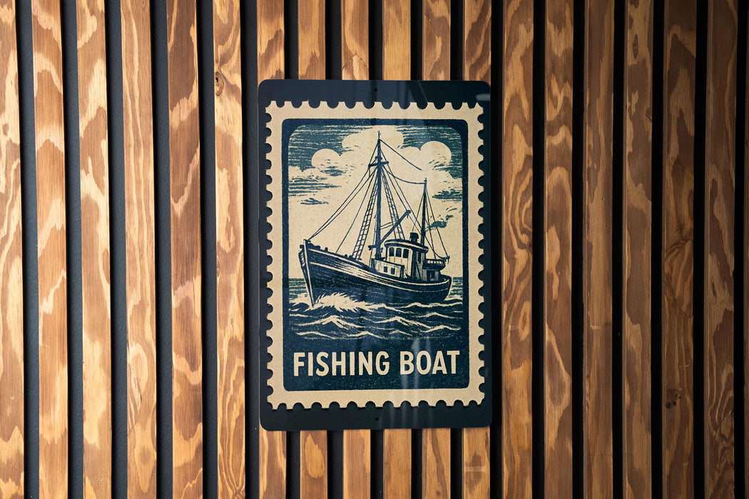 A sign with a fishing boat illustration is mounted on a wooden wall.