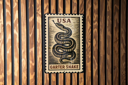 A metal sign with a black and white illustration of a garter snake on a wooden background.
