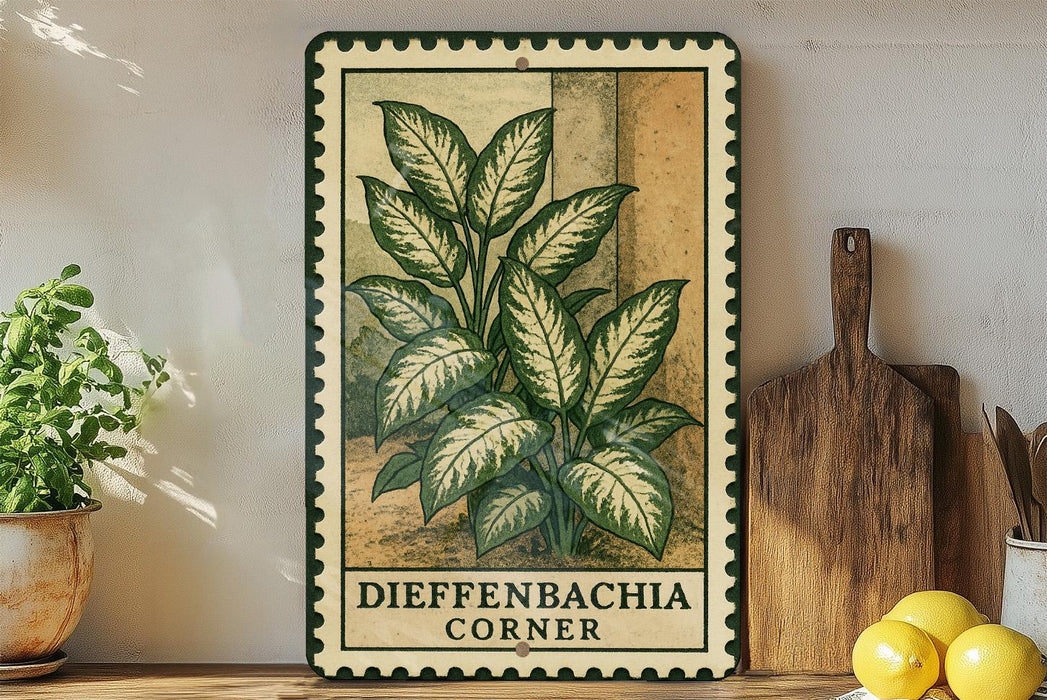 a framed illustration of a potted plant with large green leaves, placed on a shelf next to a wooden cutting board and a bowl of lemons.