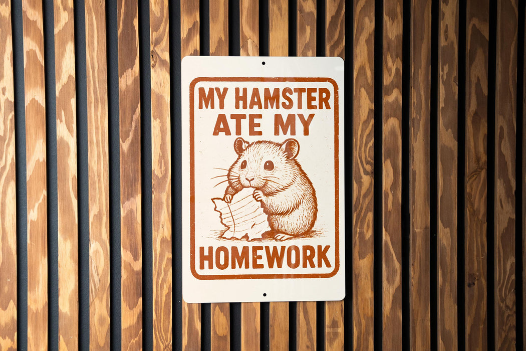 a sign with a cartoon hamster holding a piece of paper and the text "MY HAMSTER Ate MY HOMEWORK" on it.