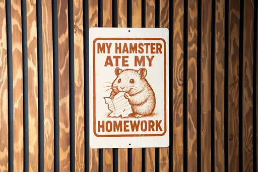 a sign with a cartoon hamster holding a piece of paper and the text "MY HAMSTER Ate MY HOMEWORK" on it.