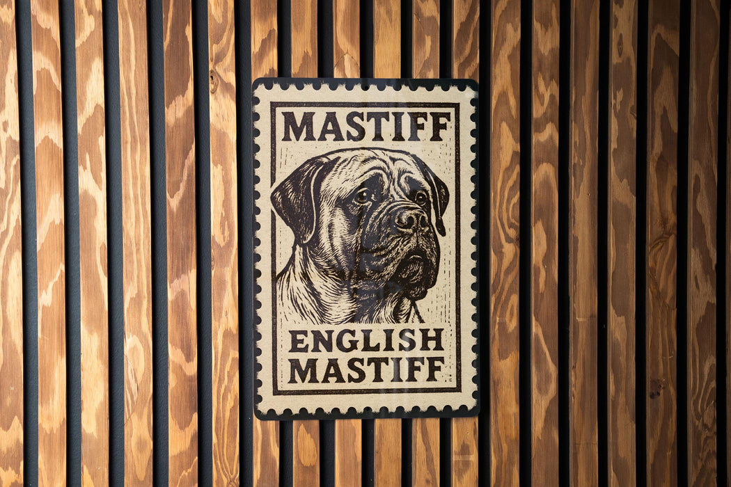 A sign with the text "MASTIFF ENGLISH MASTIFF" is displayed on a wooden wall.
