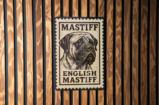 A sign with the text "MASTIFF ENGLISH MASTIFF" is displayed on a wooden wall.