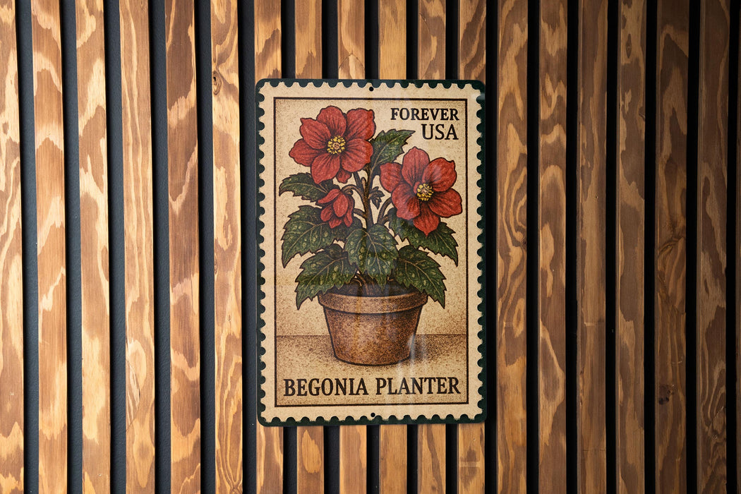 A postage stamp featuring a red flower plant in a pot, with the text "Forever USA" and "Begonia Planter" printed on it.