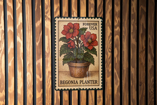 A postage stamp featuring a red flower plant in a pot, with the text "Forever USA" and "Begonia Planter" printed on it.