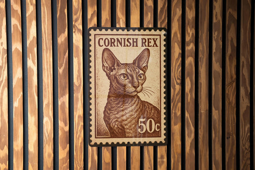 A 50 cent stamp featuring a cat's portrait is displayed on a wooden wall.