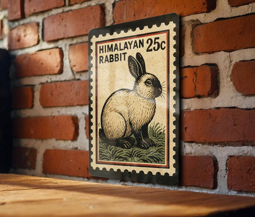 A metal sign featuring a rabbit on a brick wall.