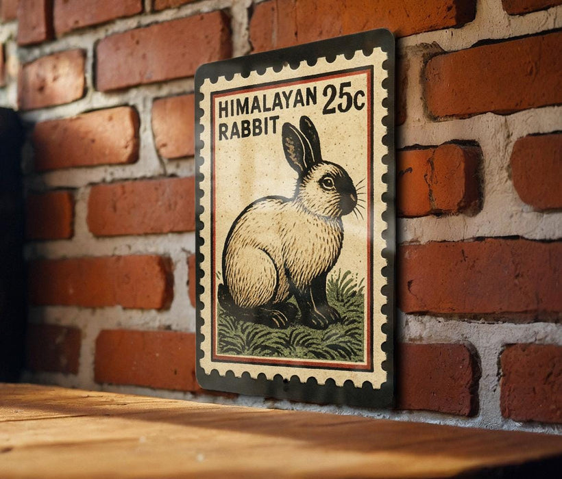 A metal sign featuring a rabbit on a brick wall.