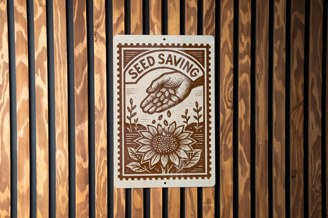 a sign with the text "SEED SAVING" and an illustration of a hand holding a flower, all set against a wooden background.