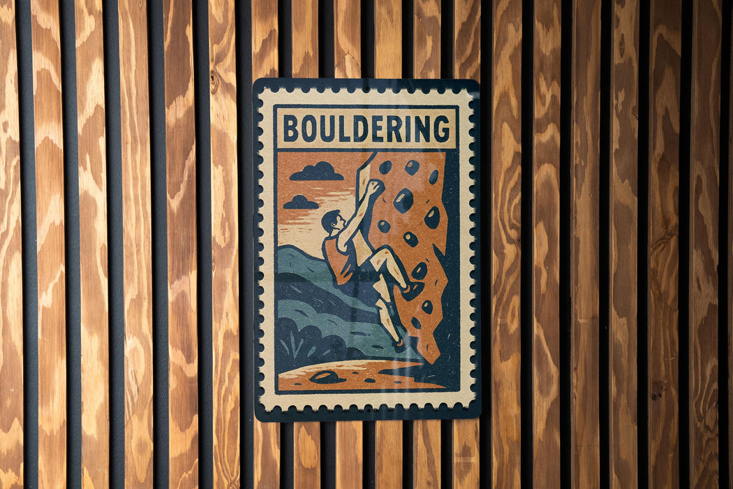 A poster of a person climbing a rock wall, with the word "BOULDERING" written on it, is displayed on a wooden wall.