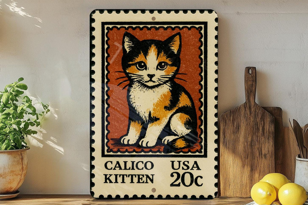 A metal sign featuring a calico kitten on a wooden frame, with a stamp-like border and text indicating it is a calico kitten.