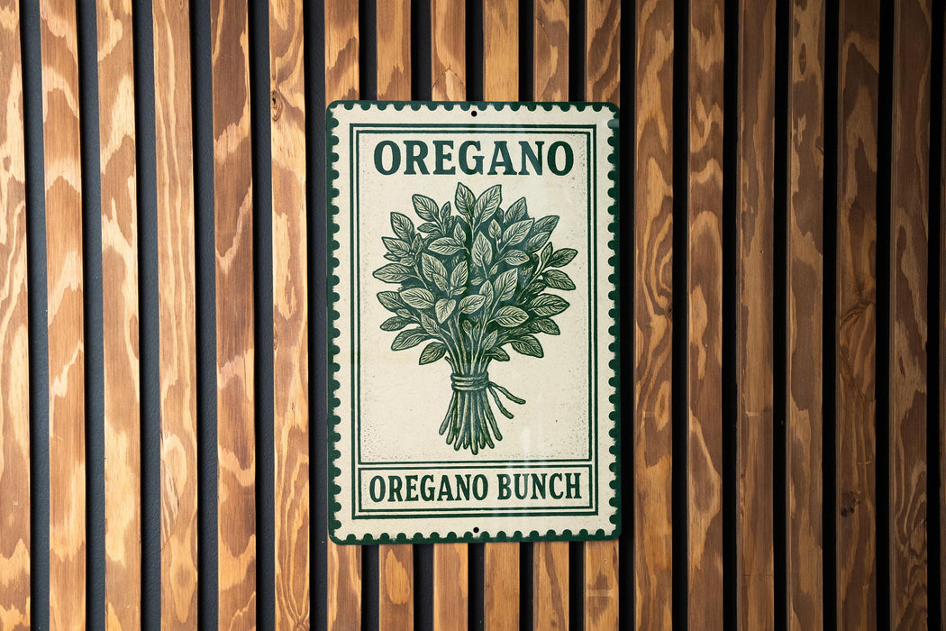 A sign for "Oregano Bunch" is displayed on a wooden wall, featuring a green and white illustration of an oregano plant.