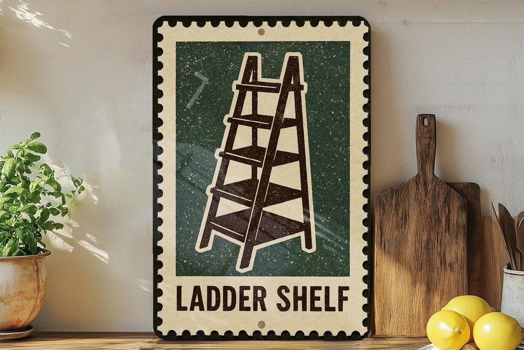 A vintage-style metal sign with a ladder image and the text "LADDER SHELF" is displayed on a wooden shelf, accompanied by a potted plant, a wooden cutting board, and some lemons.
