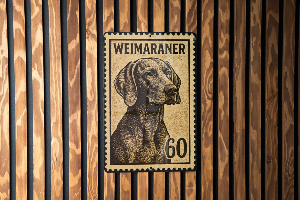 A metal stamp featuring a Weimaraner dog, with the number 60 below the dog's head.