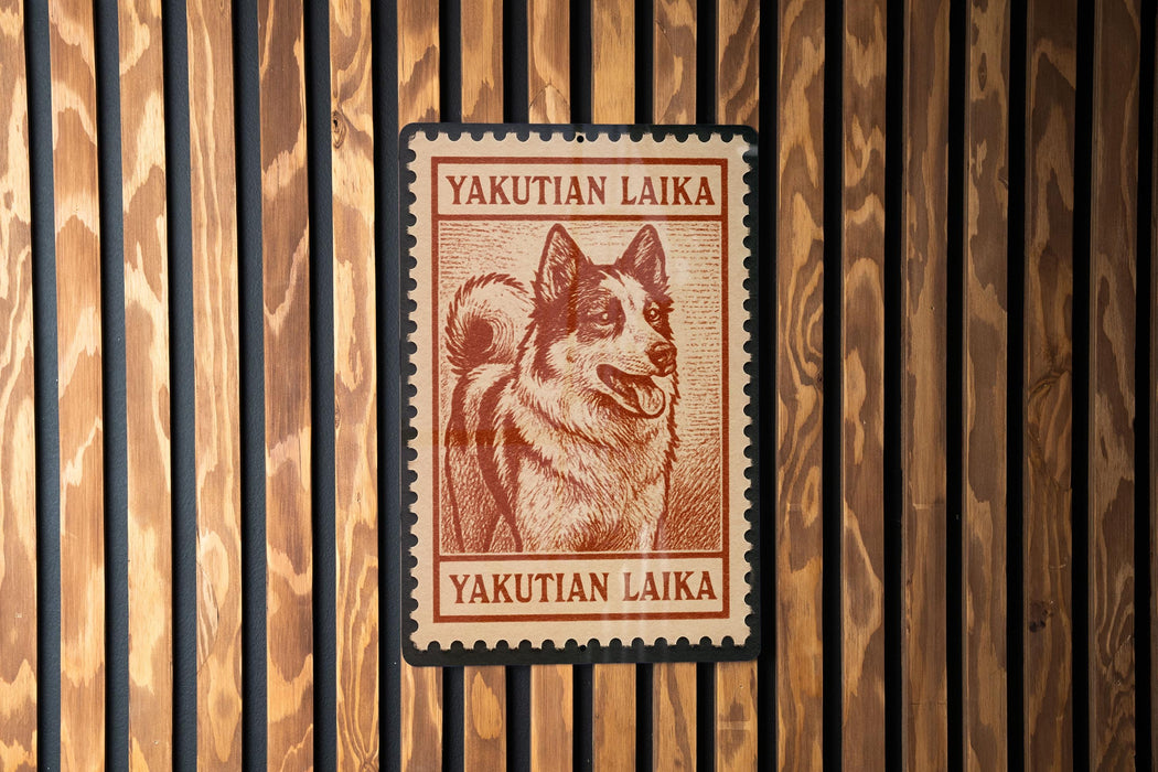 A red and white postage stamp featuring a dog, with the text "Yakutian Laika" printed on it, is displayed on a wooden wall.