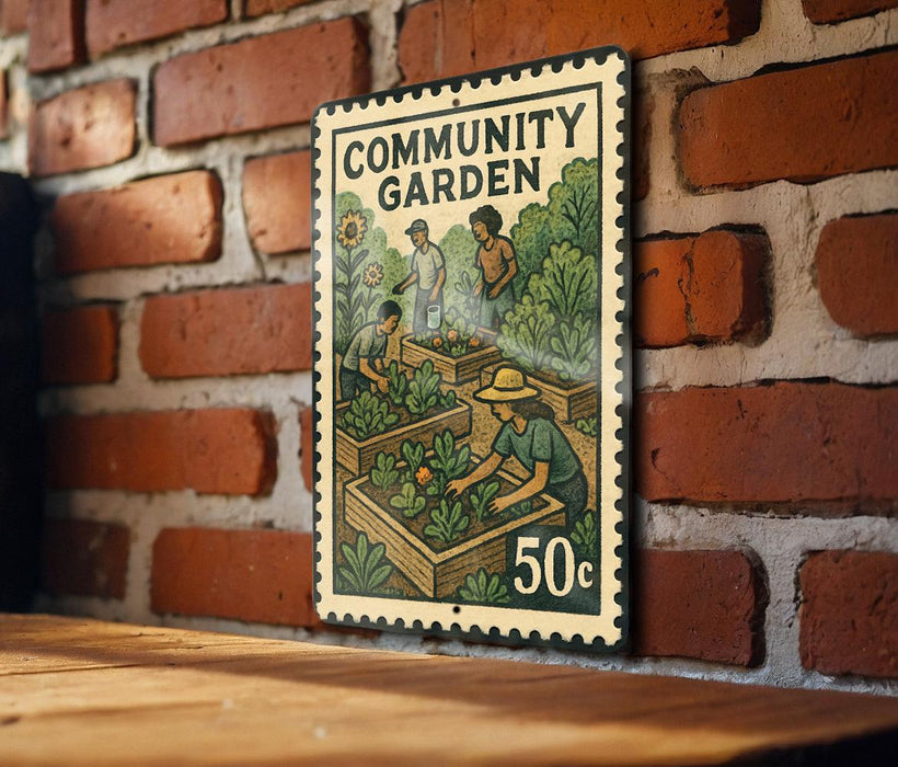 A metal sign with a stamp-like design hangs on a brick wall, depicting people working in a community garden.
