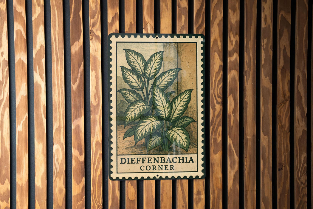 a wooden wall with a metal sign featuring a plant illustration and text.