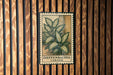a wooden wall with a metal sign featuring a plant illustration and text.