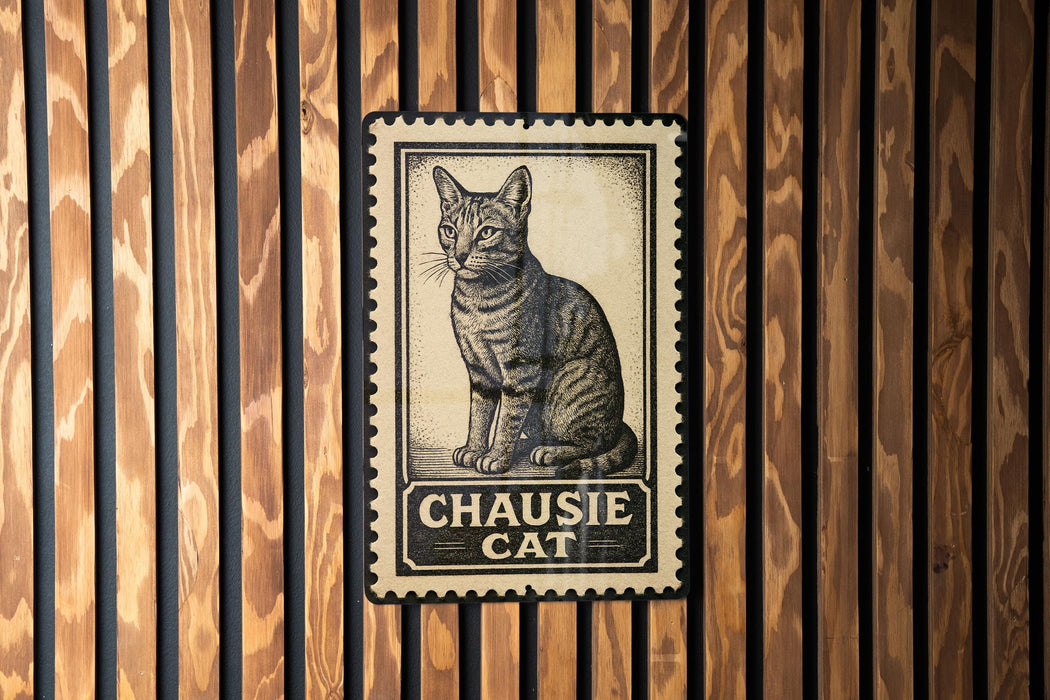 A metal sign with a cat illustration is mounted on a wooden wall.