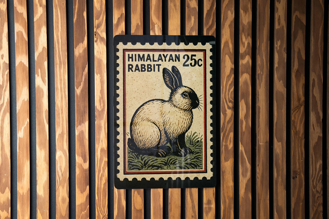 A postage stamp featuring a rabbit on a wooden background.