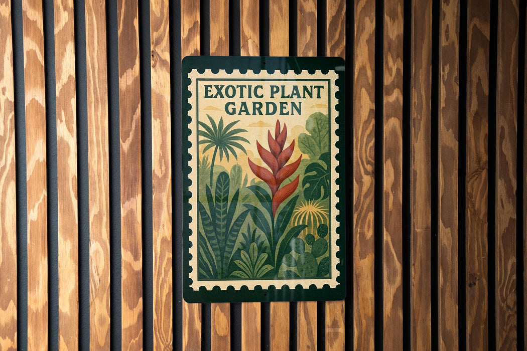 a poster or sign with a tropical plant garden theme, hanging on a wooden wall.