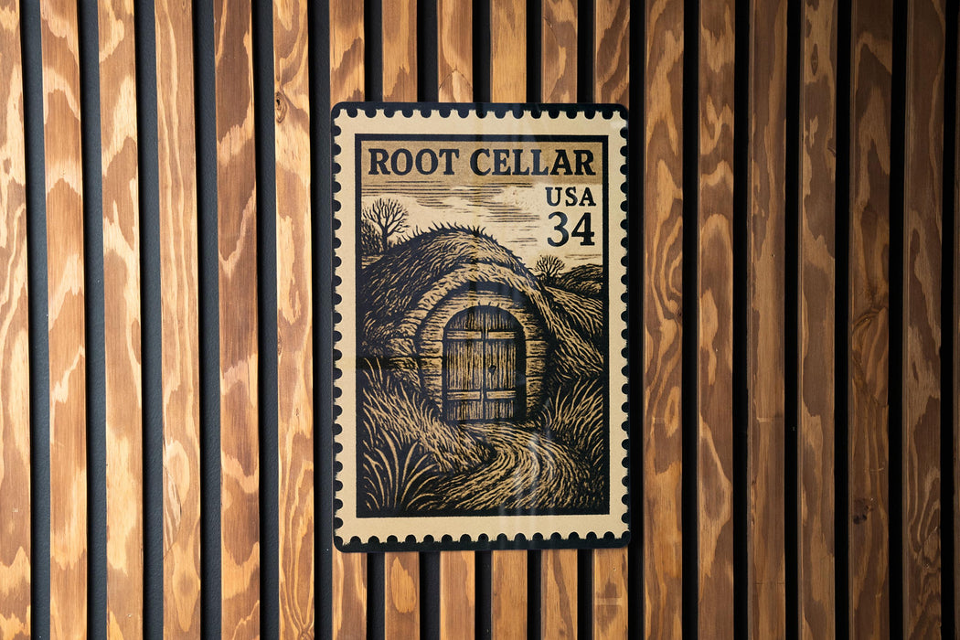 A vintage-style postage stamp featuring a wooden door and a landscape scene, mounted on a wooden wall.