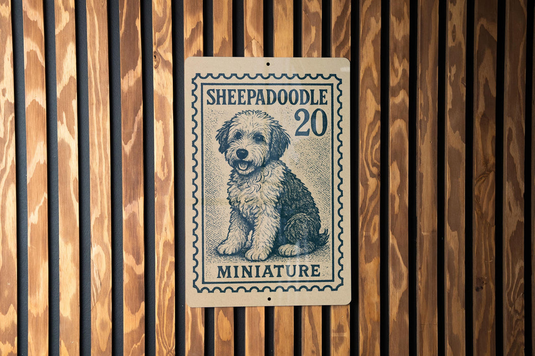A miniature postage stamp featuring a dog, specifically a Sheepadoodle, with the text "SHEPADOOLE 20 MINIATURE" printed on it.
