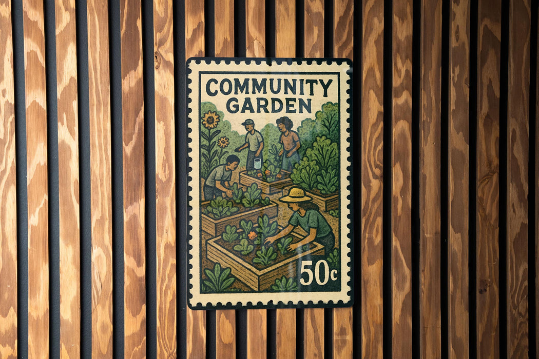 A vintage-style postage stamp depicting a community garden, with people tending to the plants.